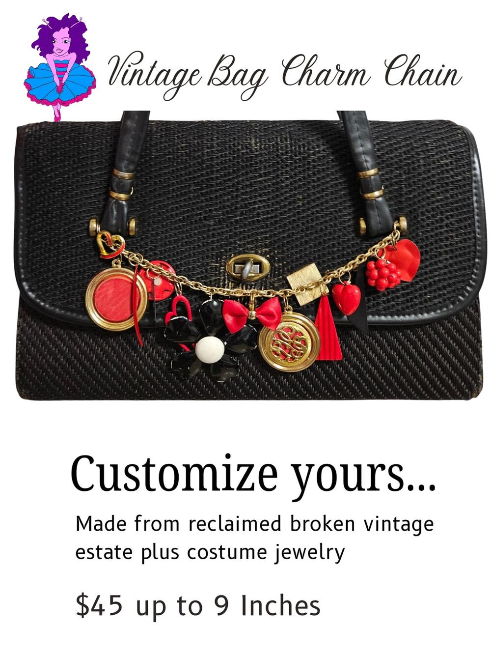 Custom Vintage Charms Bag Chain - You choose the color length up to 9 inch